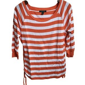 Lauren‎ Ralph Lauren Womens Large Orange Striped 3/4 Sleeve Top Ruched Detail